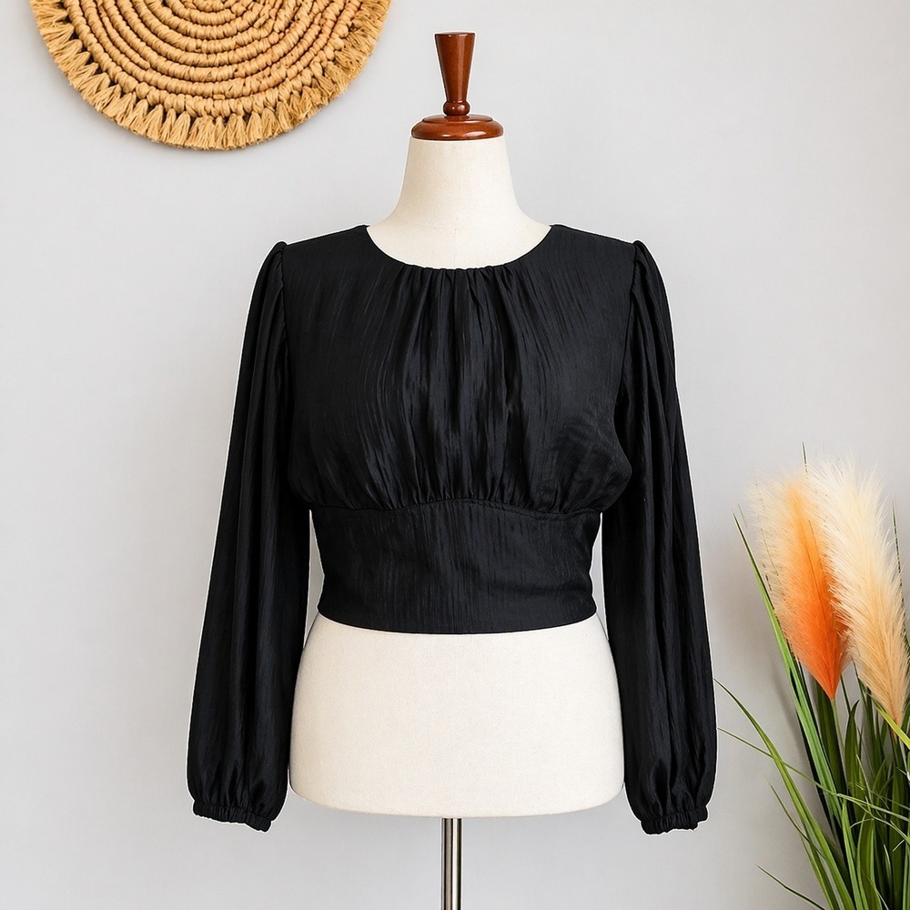 Anthropologie NWT Current Air Black Sequin Back Blouson Sleeve Top SZ Large Glam - Picture 13 of 13